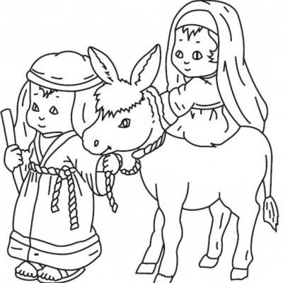 Desenho preto e branco de duas crianças em trajes tradicionais com burro
