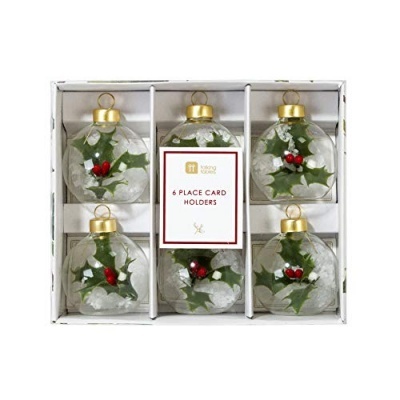 Suportes para cartões de lugar em bolas de vidro com decoração natalícia