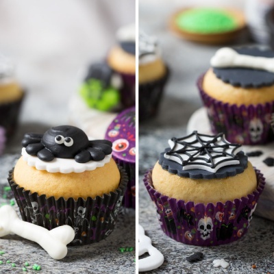 Cupcakes de Halloween decorados com aranha e teia em pasta fondant