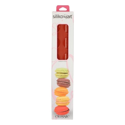 Molde de silicone vermelho para macarons em embalagem branca da Silikomart