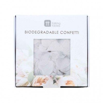 Embalagem branca de confetti biodegradável com detalhes florais e janela transparente mostrando confetti circular branco