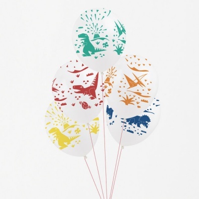 Balões brancos com desenhos coloridos de dinossauros