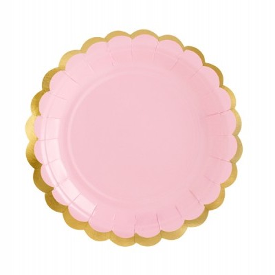 Prato descartável rosa com borda dourada