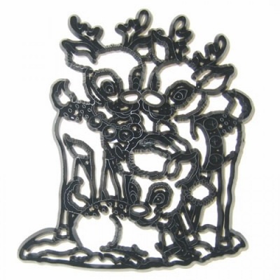 Figura decorativa de metal preto de três veados estilizados com base que simula neve