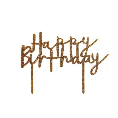 Cake topper glitter dourado com texto 'Happy Birthday'