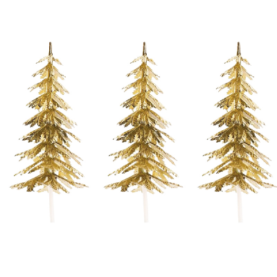 Três velas douradas em forma de árvore de Natal com base branca