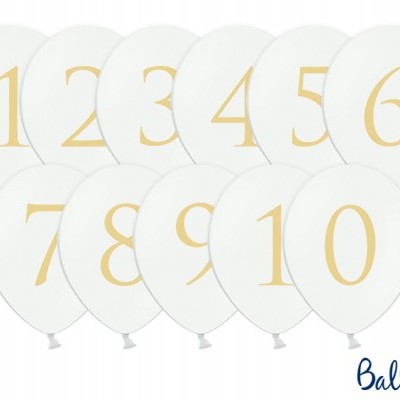 Balões brancos com números dourados de 1 a 10