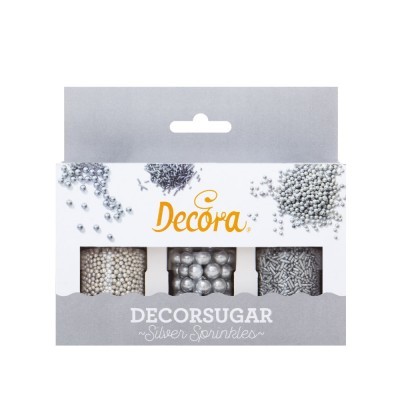 Conjunto Decorsugar Decora com confeitos prateados para decoração de bolos.