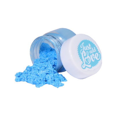 Frasco de vidro com pó azul e tampa branca com texto