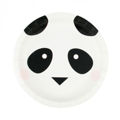 Prato de papel com rosto de panda preto e branco