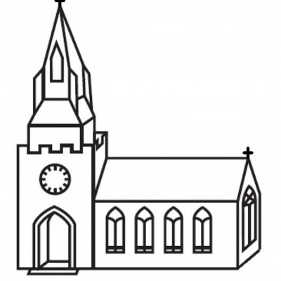 Ilustração de uma igreja com torre e janelas góticas