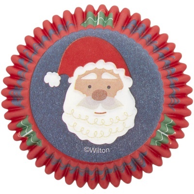 Papel de cupcakes com rosto do Pai Natal e design festivo azul, vermelho e verde