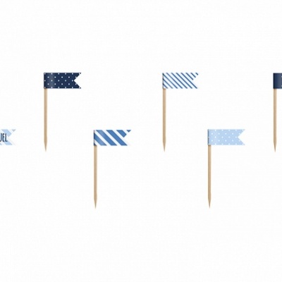 Seis bandeiras decorativas azuis em palitos de madeira