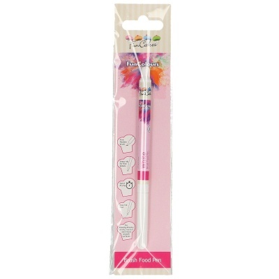 Caneta para alimentos branca e rosa em embalagem transparente com fundo rosa e texto Brush Food Pen