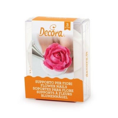 Pacote de suporte para flores Decora com 3 unidades, embalagem branca e laranja com imagem de flor rosa