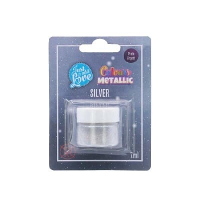 Pó metálico prateado em embalagem com fundo azul estrelado