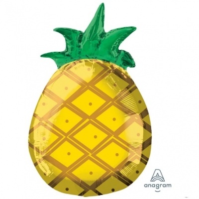 Balão metálico amarelo em forma de ananás com folhas verdes no topo