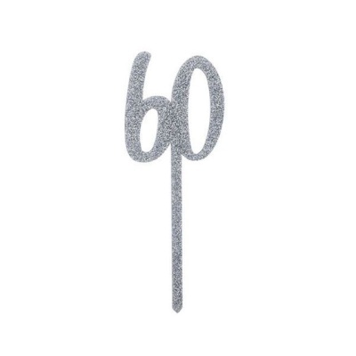 Topo de bolo prateado com glitter em forma do número 60