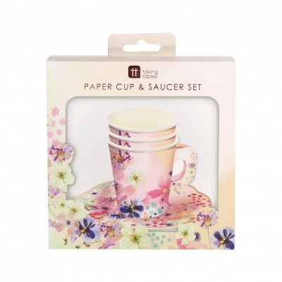 Conjunto de copos e pires de papel com padrão floral embalados em caixa