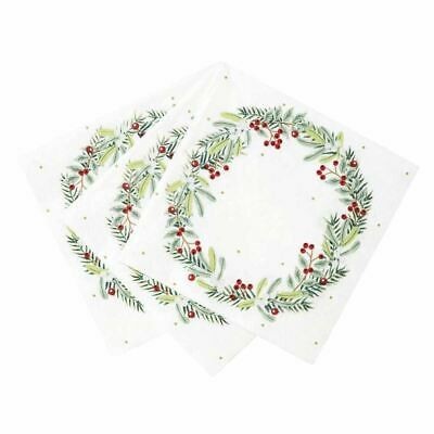 Guardanapos brancos com padrão de grinalda de folhas verdes e bagas vermelhas