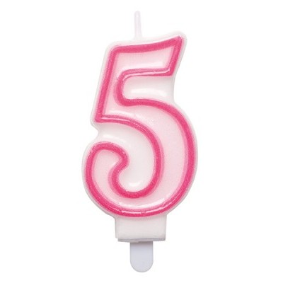 Vela de aniversário número 5 rosa com contorno escuro em fundo branco