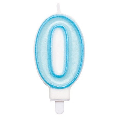 Vela de aniversário número 0 azul claro e branco