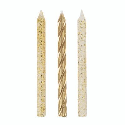 Três velas decorativas finas em branco com glitter dourado e dourado espiralado