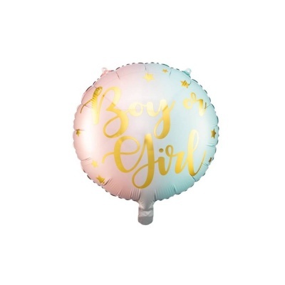 Balão foil redondo rosa e azul com texto dourado Boy or Girl e estrelas