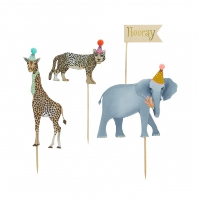 Decorações para bolos com girafa, chita e elefante azul com chapéus de festa e sinal HOORAY