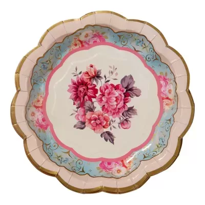 Prato decorativo com padrão floral colorido e borda decorada