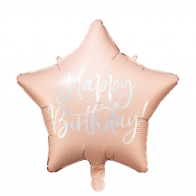 Balão metálico estrela bronze com texto 'Happy Birthday' branco