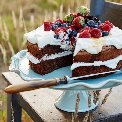 Bolo de chocolate com cobertura branca e frutos vermelhos em prato azul celeste sobre mesa de madeira ao ar livre