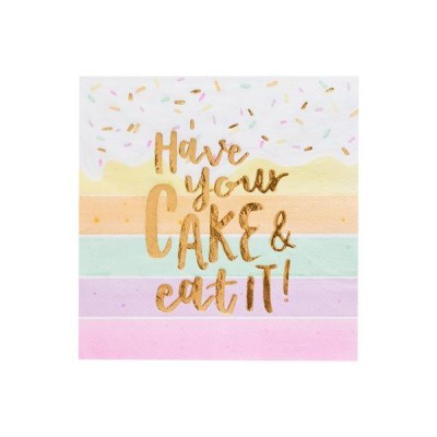 Guardanapo com listras coloridas e texto dourado Have your Cake & eat it