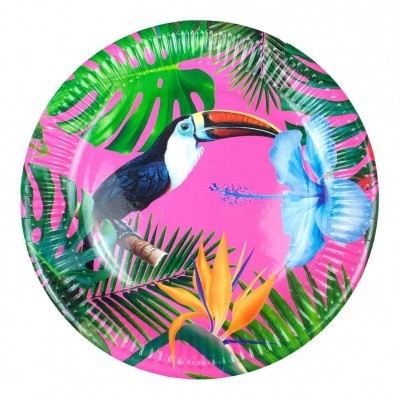 Prato redondo decorado tropical com tucano e flores coloridas