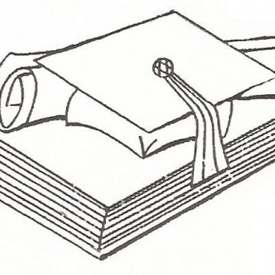 Desenho de um livro aberto com capelo de formatura e diploma enrolado