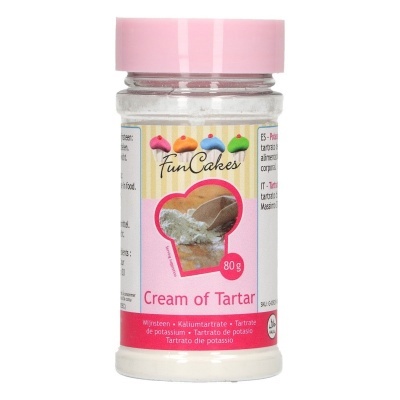 Frasco de cream of tartar FunCakes com tampa rosa e rótulo rosa