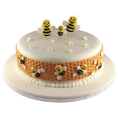Bolo decorado com abelhas e favo de mel em pasta de açúcar branca e amarela