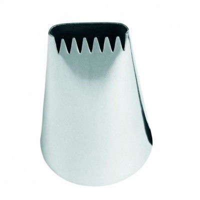 Bico de pasteleiro metálico com dentes triangulares para decoração de bolos.