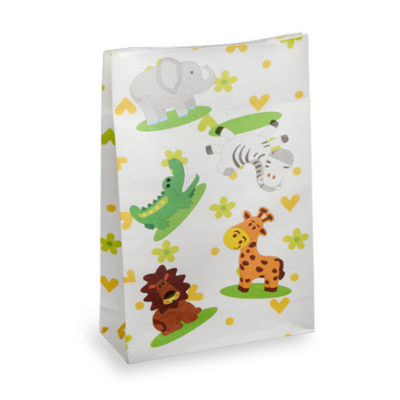 Saco de papel branco com desenhos de animais cartoon e corações amarelos e verdes
