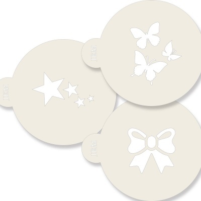 Conjunto de três moldes redondos de plástico branco com recortes de estrelas, borboletas e laço