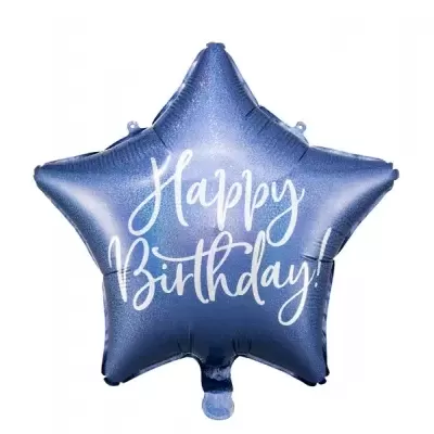 Balão de estrela azul com texto 'Happy Birthday!'