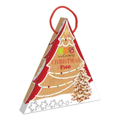 Embalagem em forma de árvore de Natal castanha com decoração e texto 'ScrapCooking CHRISTMAS tree'.