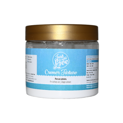 Embalagem de creme de cremor tártaro Just add Love com rótulo azul e tampa dourada