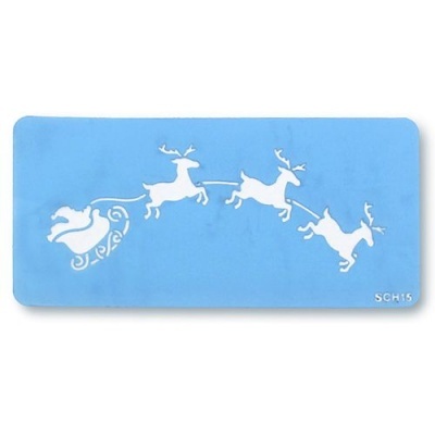 Cartão azul com desenho branco de trenó e renas