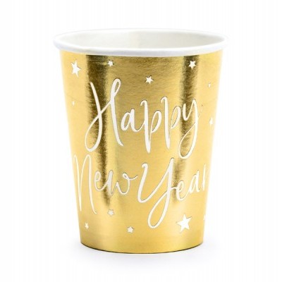 Copo de papel dourado com texto 'Happy New Year' e estrelas