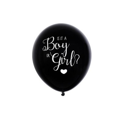 Balão preto com texto em branco 'IS IT A Boy OR Girl?' e coração