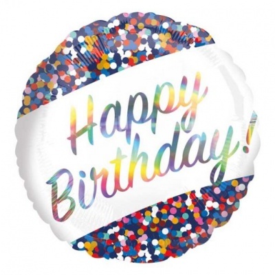 Balão redondo metálico colorido com texto 'Happy Birthday!'