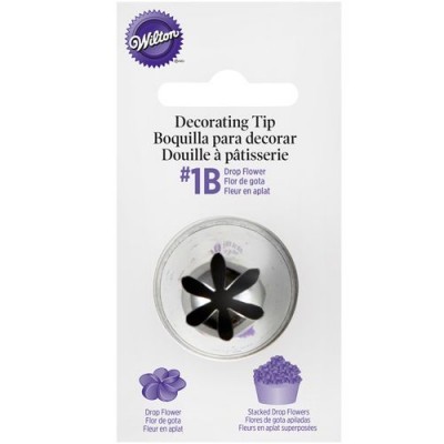 Ponta decorativa Wilton metálica #1B para flores, embalagem branca com texto multilíngue e logótipo roxo