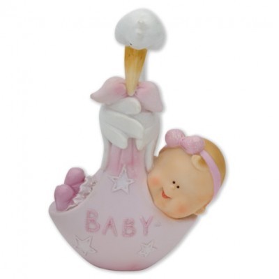 Figura decorativa de bebé em vestido rosa com palavra BABY