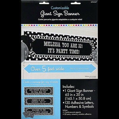 Banner gigante personalizável preto com bolinhas brancas e texto branco para festa